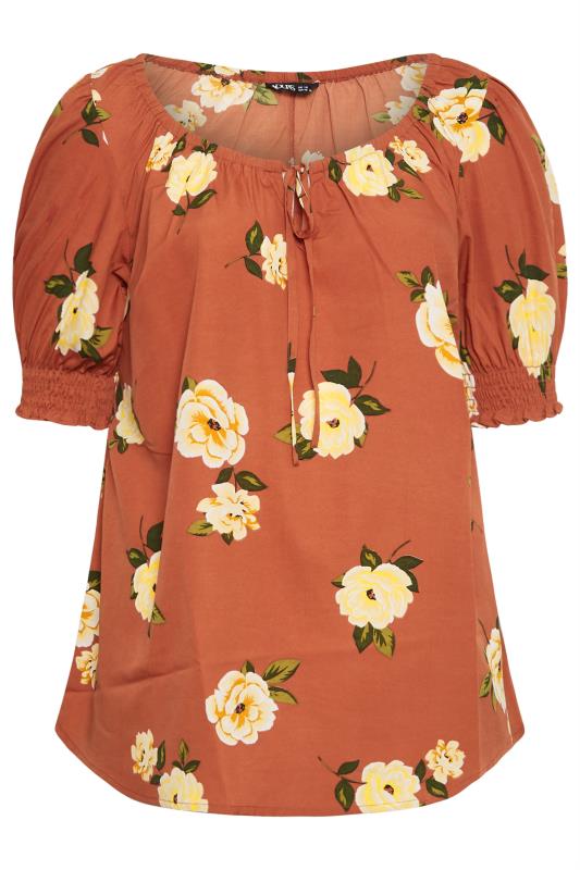 YOURS Plus Size Rust Orange Floral Print Puff Sleeve Gypsy Top | Yours Clothing 6