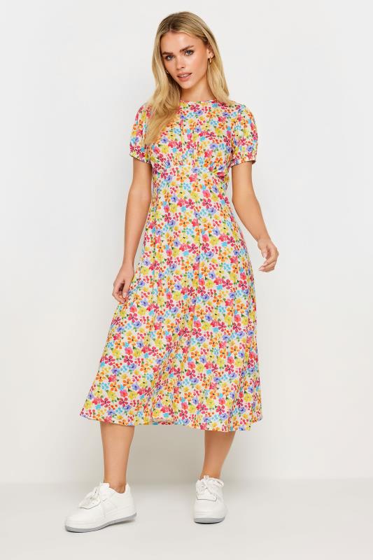 Petite  Pink & Yellow Floral Print Puff Sleeve Midi Dress