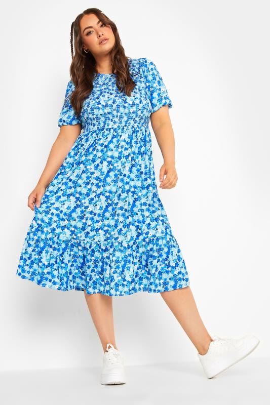 LIMITED COLLECTION Plus Size Curve Blue Ditsy Print Shirred Midaxi Dress | Yours Clothing  4