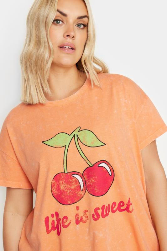 YOURS Plus Size Orange 'Life Is Sweet' Cherry Print T-Shirt | Yours Clothing 4