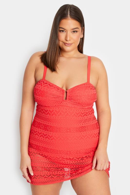  Grande Taille LTS Tall Coral Pink Crochet Swim Dress