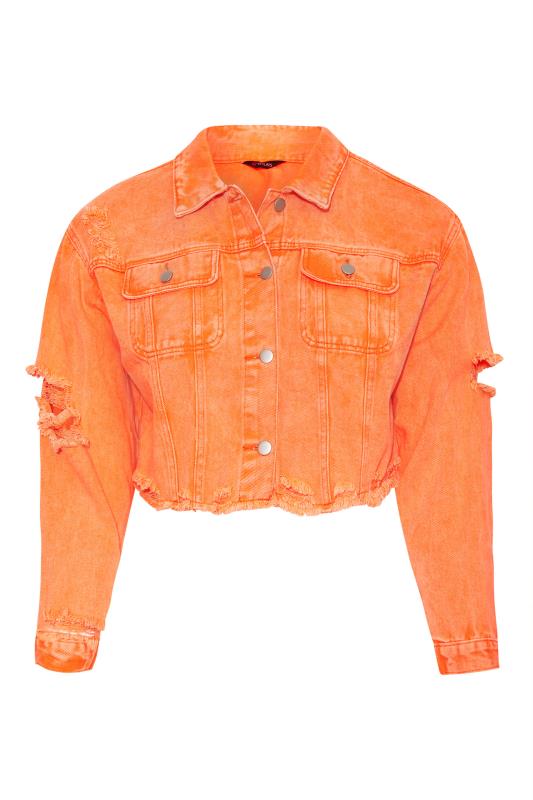 Curve Bright Orange Cropped Distressed Denim Jacket 7