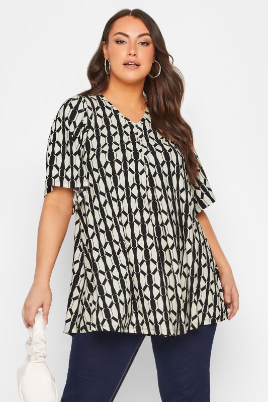 YOURS Curve Plus Size Black Geometric Print Angel Sleeve Top | Yours Clothing  1