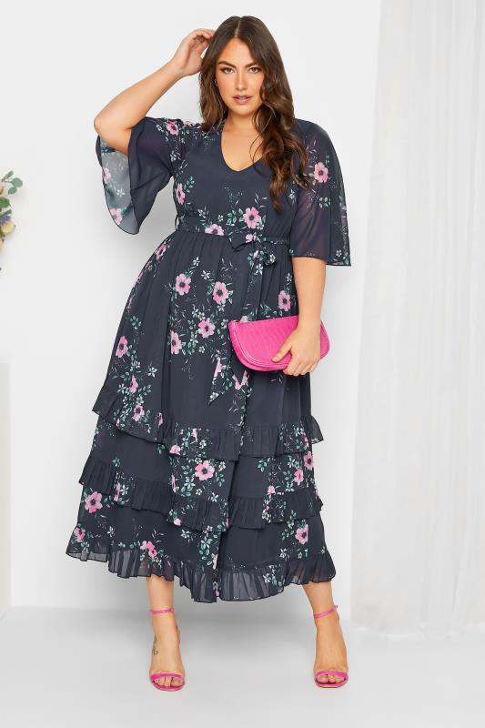 YOURS LONDON Plus Size Navy Blue Floral Hanky Hem Dress | Yours Clothing