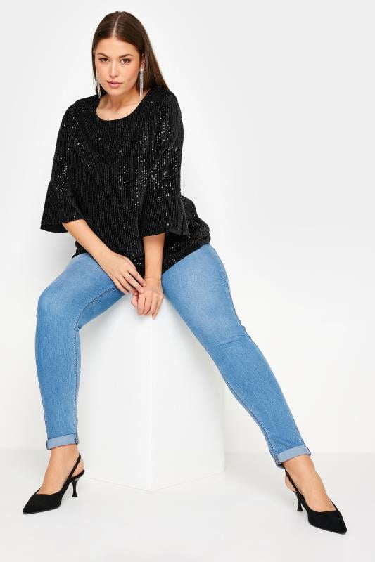 YOURS Plus Size Black Sequin Embellished Velvet Top | Yours Clothing 2