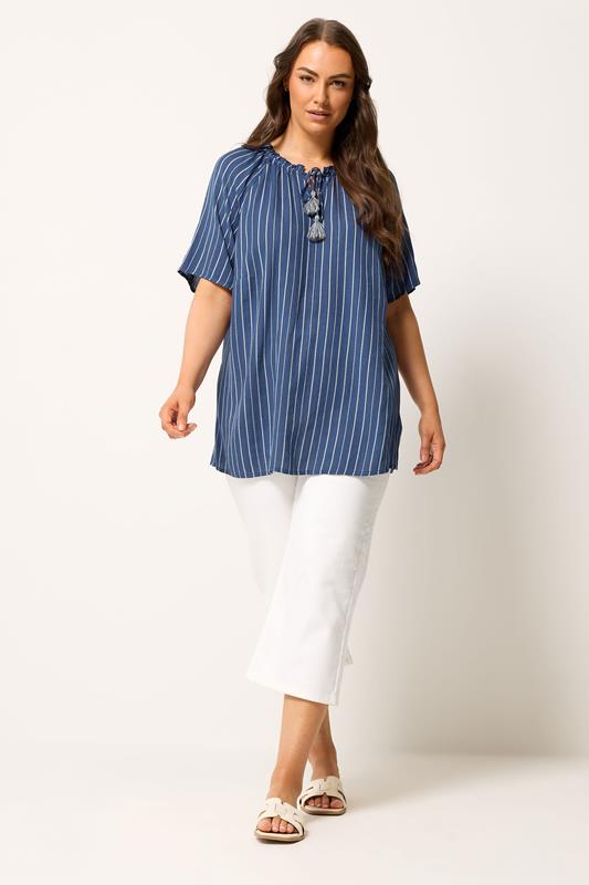YOURS Plus Size Navy Blue Stripe Notch Neck Embroidered Blouse | Yours Clothing 1