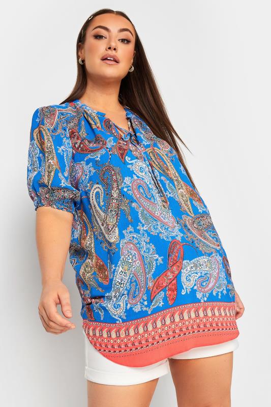 YOURS Plus Size Blue Paisley Print Tie Neck Blouse | Yours Clothing 1