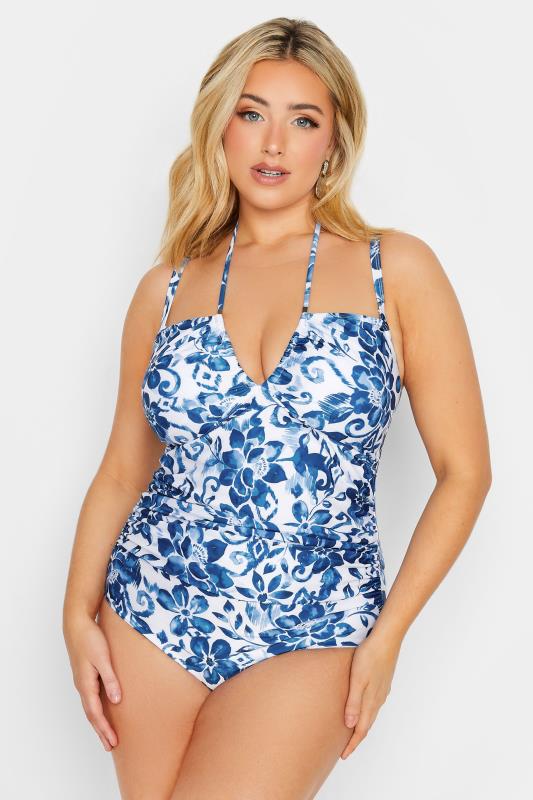 YOURS Curve Plus Size Blue Floral Print Cross Tummy Control Swimsuit | Yours Clothing  3