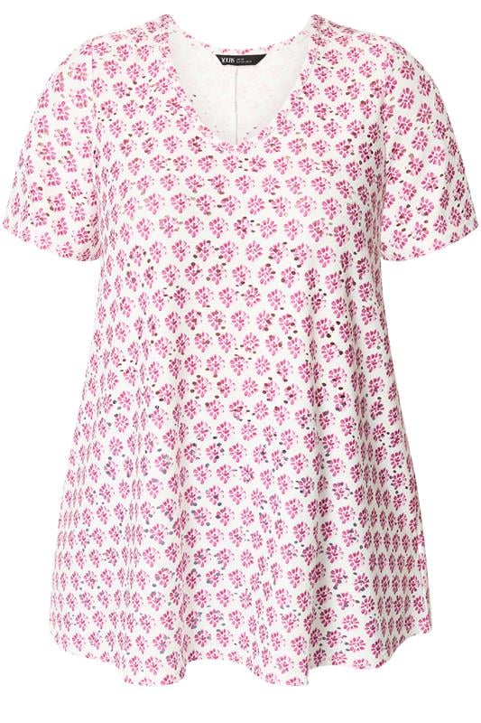 YOURS Plus Size White & Pink Broderie Swing Top | Yours Clothing 5