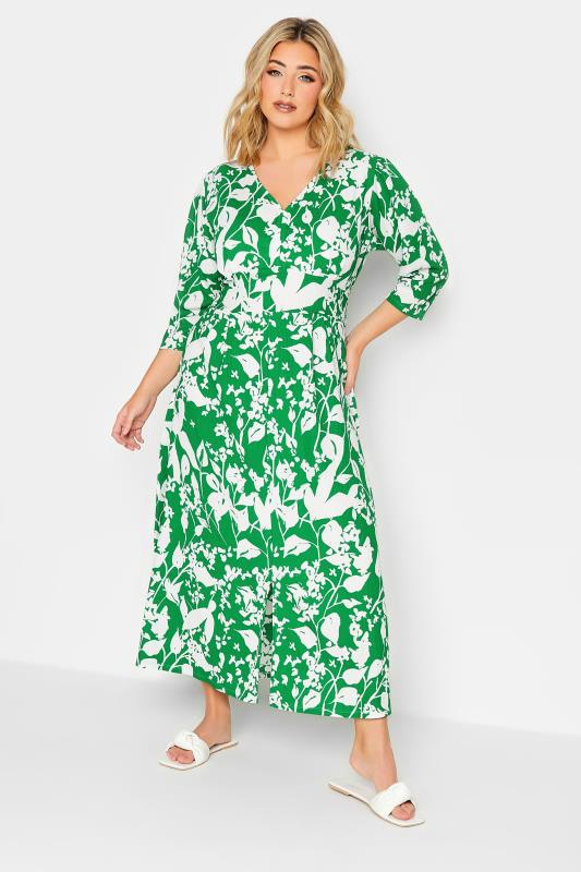 YOURS Plus Size Green Floral Split Front Dress | Yours Clothing 2