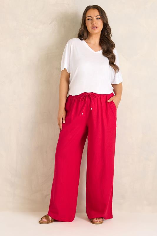 EVANS Plus Size Red Wide Leg Premium Linen Trousers | Evans 2