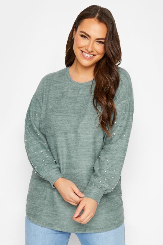 Plus Size Sage Green Pearl & Diamante Embellished Sleeve Jumper | Yours Clothing  1