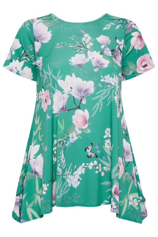YOURS LONDON Plus Size Green Floral Print Hanky Hem Top | Yours Clothing 6