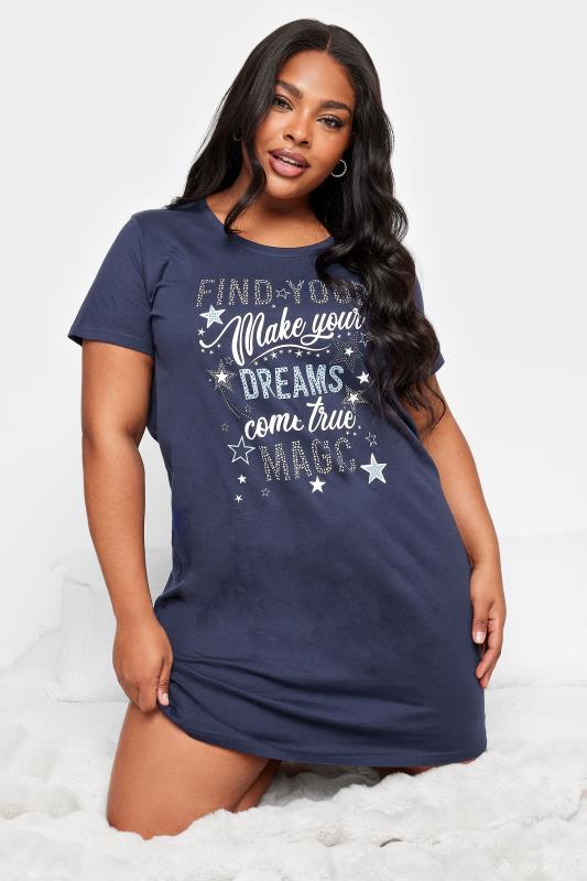 YOURS Plus Size Navy Blue 'Find Your Magic' Star Print Nightdress | Yours Clothing 1
