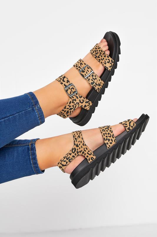 Petite  Yours Black Leopard Print Buckle Sandals In Extra Wide EEE Fit
