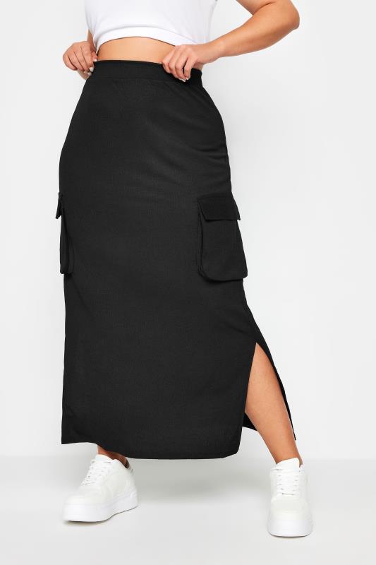 YOURS Plus Size Black Textured Utility Maxi Skirt | Yours Clothing 1