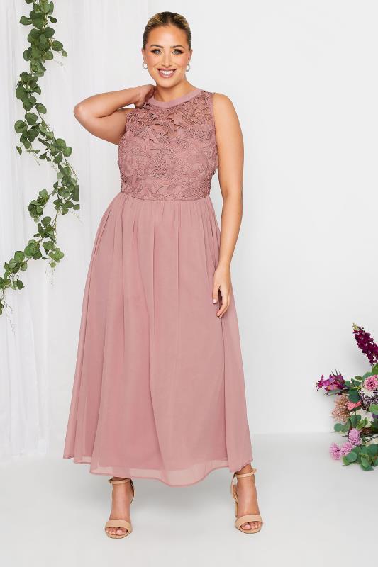 Plus Size  YOURS LONDON Curve Pink Lace Detail Chiffon Maxi Dress