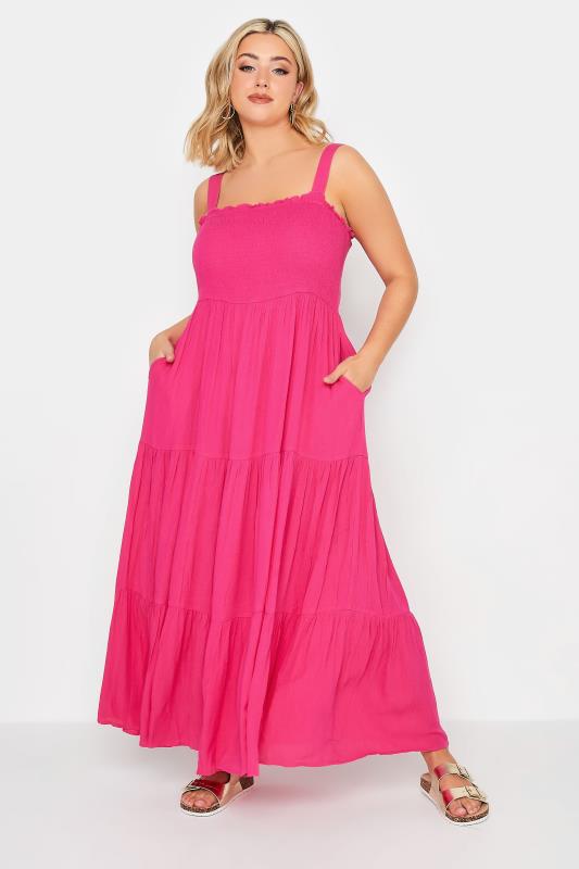 YOURS Plus Size Hot Pink Shirred Strappy Sundress | Yours Clothing  4