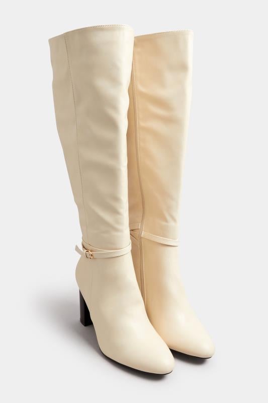 Cream Heeled Knee High Boot In Extra Wide EEE Fit Yours Clothing