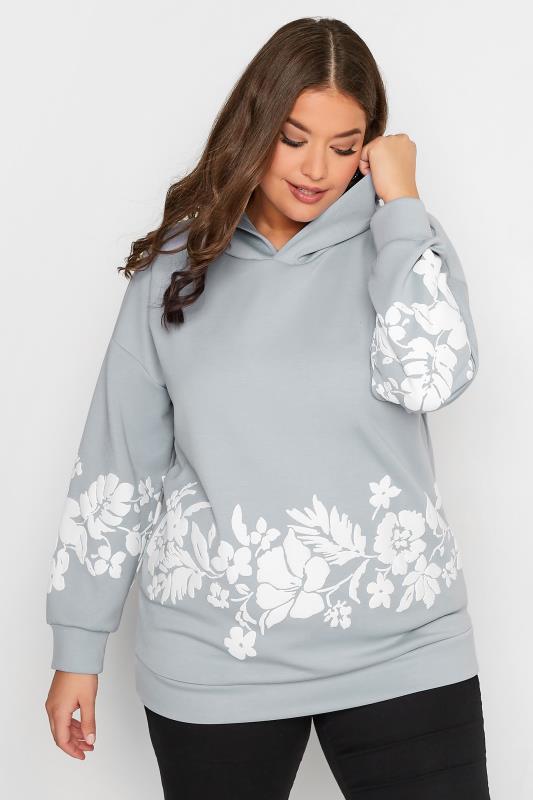 Curve Plus Size Light Blue Floral Detail Hoodie | Yours Clothing  1