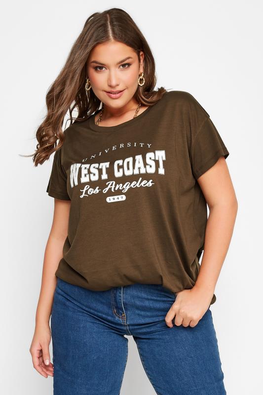 Plus Size Brown 'West Coast' Slogan T-Shirt | Yours Clothing 1