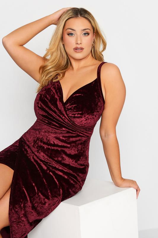 YOURS LONDON Plus Size Burgundy Red Velvet Bodycon Wrap Dress | Yours Clothing 4
