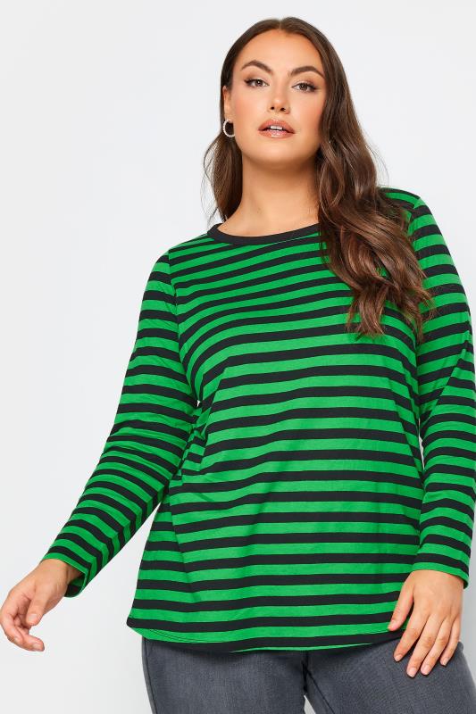 YOURS 2 PACK Plus Size Green & White Stripe Long Sleeve T-Shirts | Yours Clothing 2