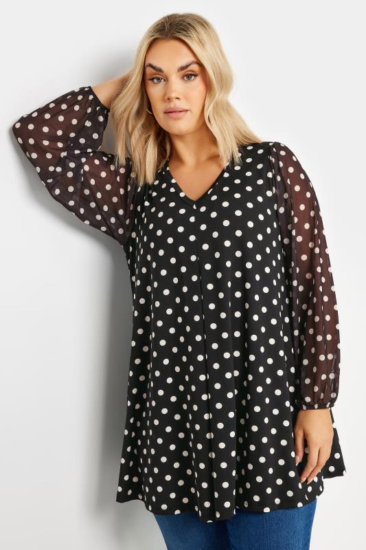 Plus Size Curve Black Dot Print Mesh Swing Top | Yours Clothing 1