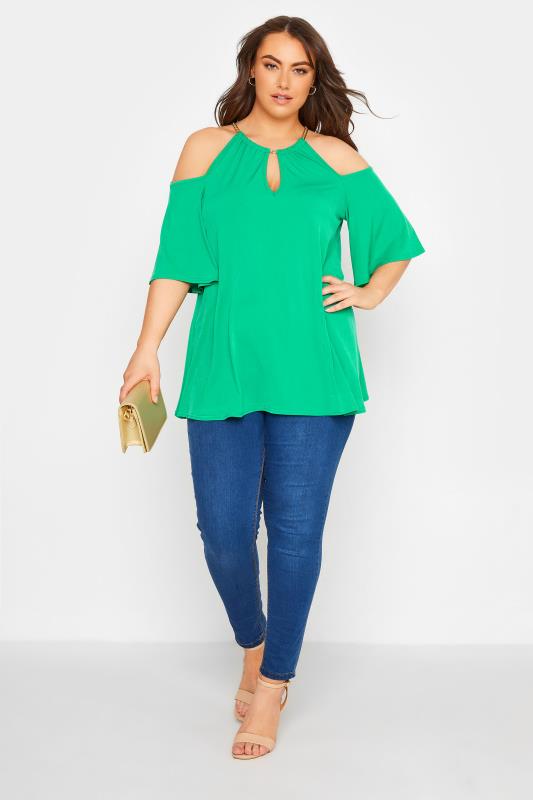 YOURS LONDON Curve Bright Green Chain Neckline Cold Shoulder Top 2