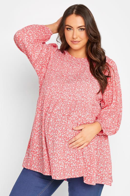 BUMP IT UP MATERNITY Plus Size Pink Ditsy Print Shirred Swing Top | Yours Clothing 1