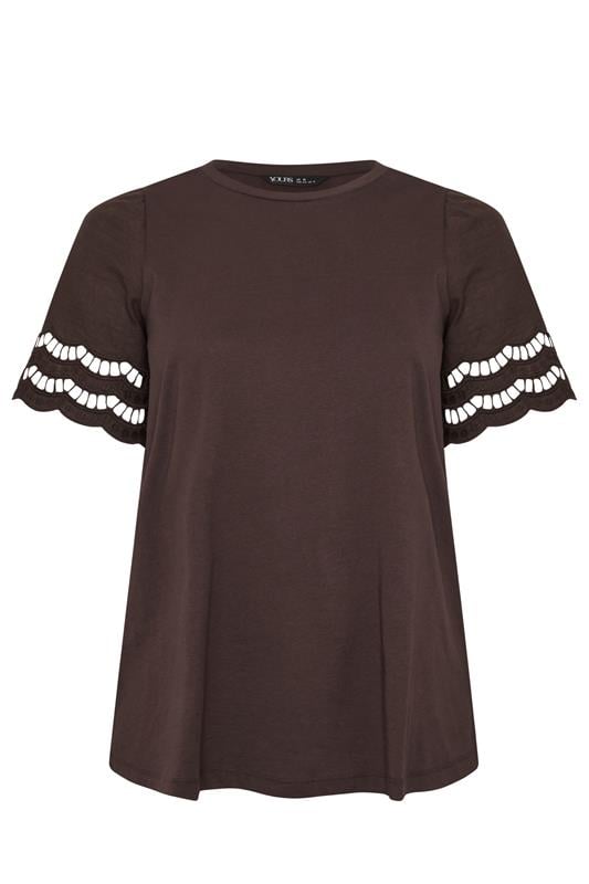 YOURS Plus Size Brown Broderie Anglaise Angel Sleeve T-Shirt | Yours Clothing 5