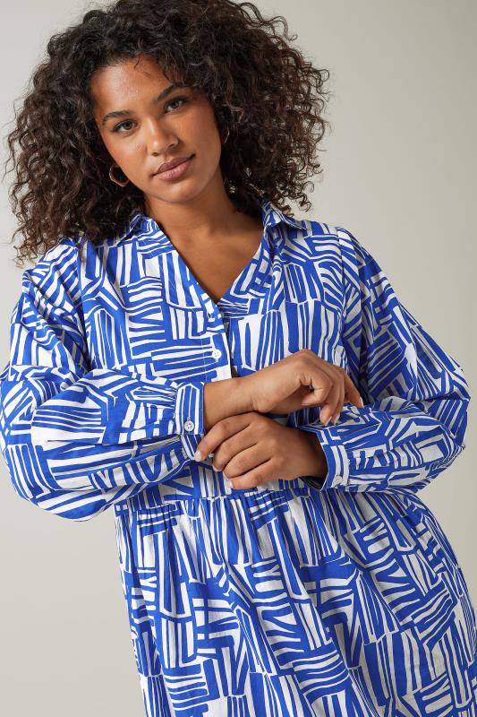 EVANS Plus Size Blue Abstract Print Long Sleeve Shirt Dress | Evans 5
