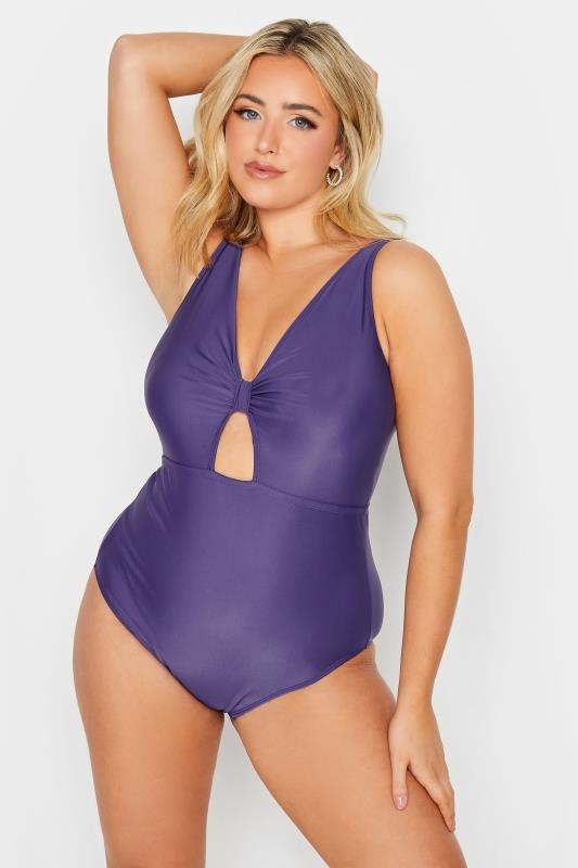 YOURS Plus Size Purple Keyhole Tummy Control Swimsuit | Yours Clothing 1