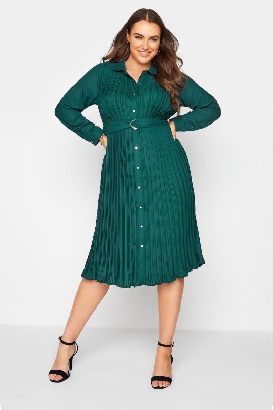 Plus Size  YOURS LONDON Forest Green Pleat Midaxi Shirt Dress