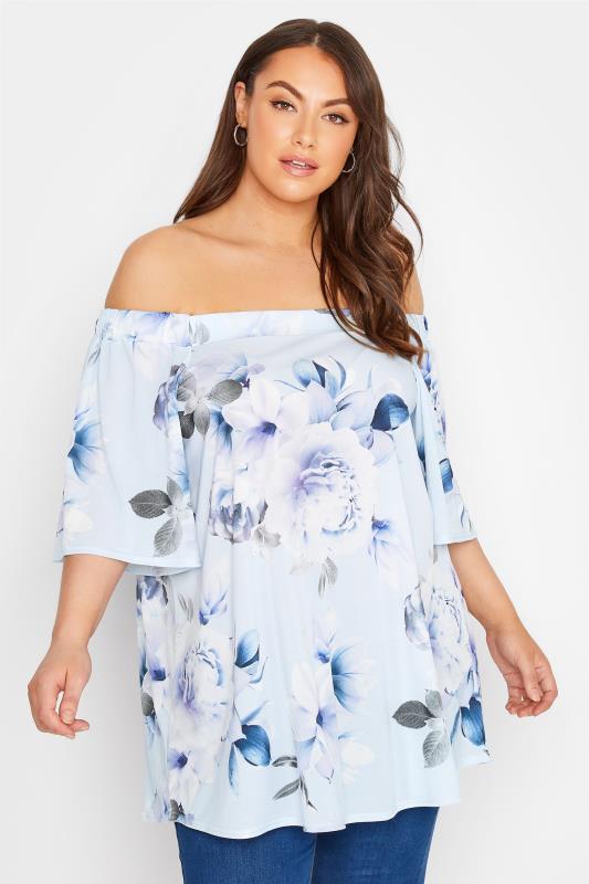 YOURS LONDON Plus Size Blue Floral Print Bardot Top | Yours Clothing 1