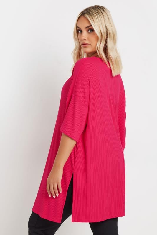 YOURS Plus Size Pink Side Split Ribbed T-Shirt | Yours Clothing 3