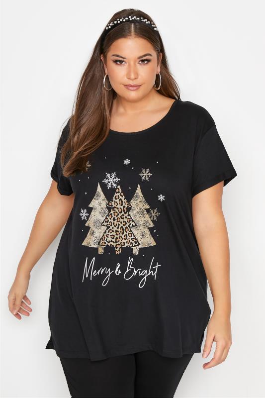 Plus Size  Black 'Merry & Bright' Slogan Christmas T-Shirt