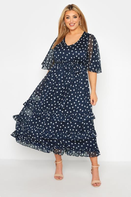  Grande Taille YOURS LONDON Curve Navy Blue Polka Dot Ruffle Maxi Dress