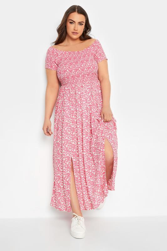 Plus Size  YOURS Curve Pink Ditsy Floral Bardot Maxi Dress