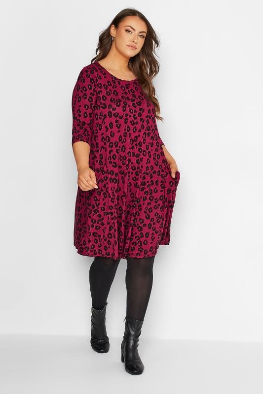 Plus Size  Curve Red Leopard Print Drape Pocket Dress