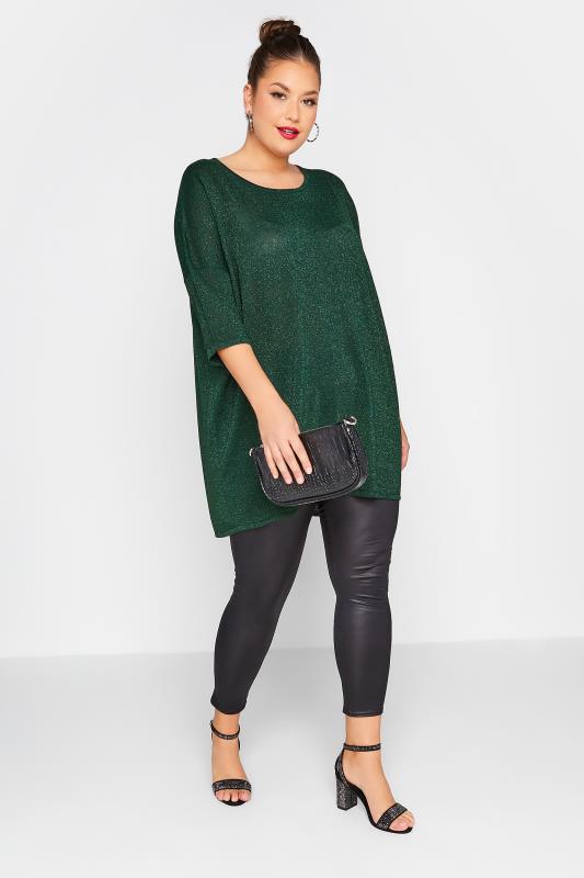 Plus Size Curve Green Glitter Drop Shoulder Knitted Top | Yours Clothing 2