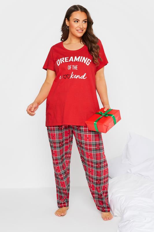 Curve Plus Size Red Tartan Heart Wide Leg Pyjama Bottoms | Yours Clothing 5
