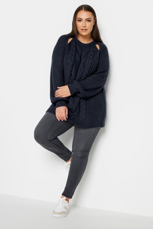 YOURS Plus Size Navy Blue Cable Knit Cut Out Jumper | Yours Clothing 3