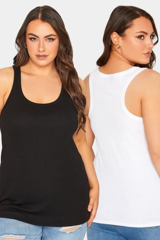 YOURS Plus Size 2 PACK Black & White Racer Vest Tops | Yours Clothing  1