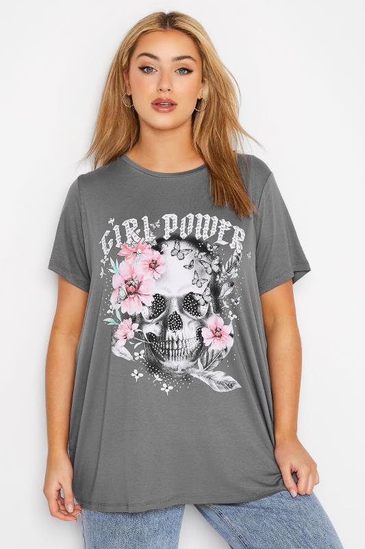 Curve Grey Skull Print 'Girl Power' T-Shirt 1