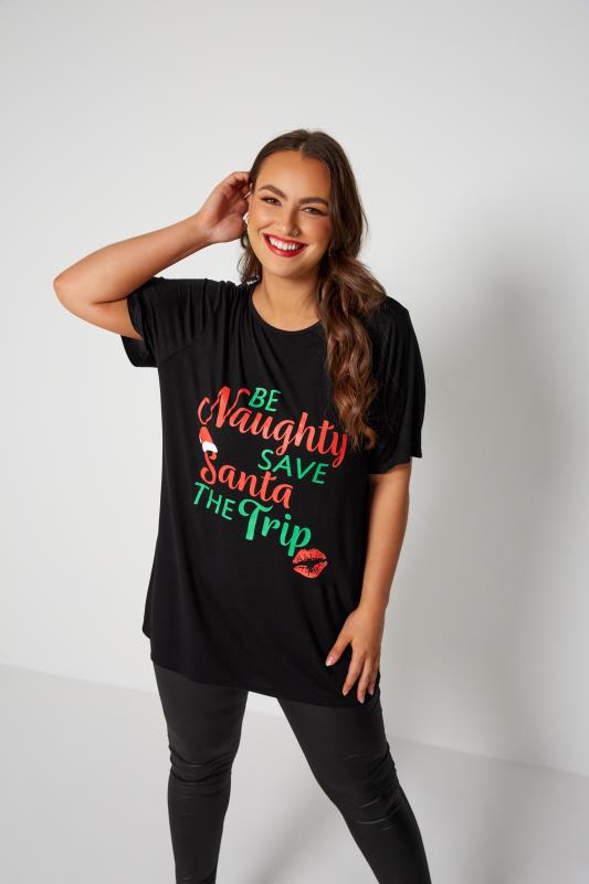 LIMITED COLLECTION Curve Black 'Be Naughty' Slogan Christmas T-Shirt 2