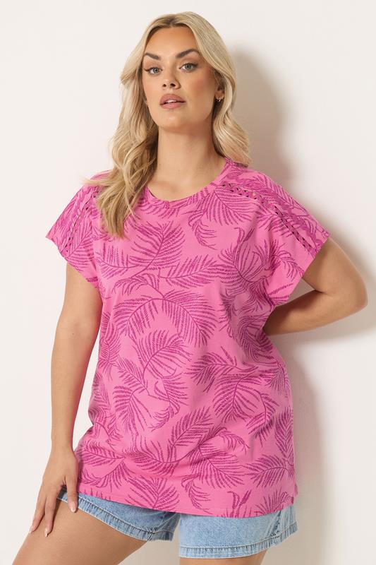 YOURS Plus Size Pink Palm Tree Trim Detail T-Shirt | Yours Clothing 1