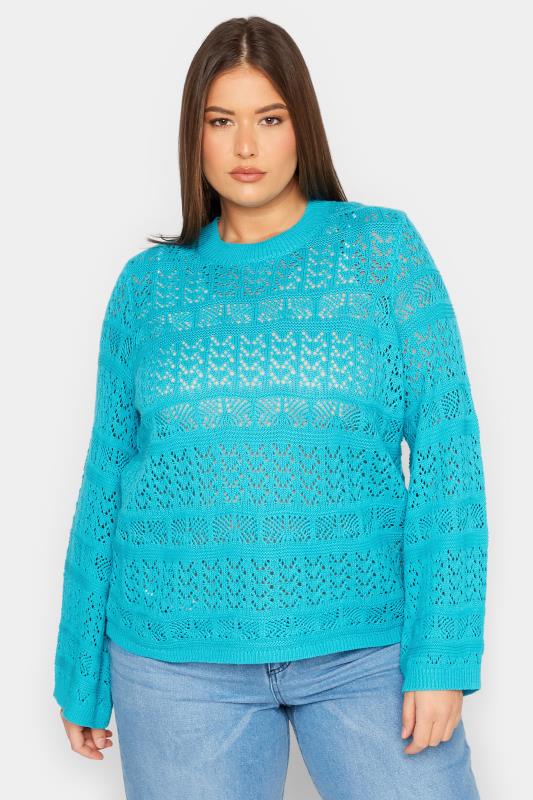 Tall  LTS Tall Blue Crochet Flare Sleeve Jumper