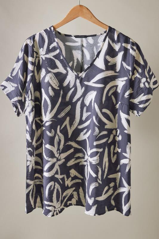 EVANS Plus Size Navy Blue Abstract Print Angel Sleeve Top | Evans 5