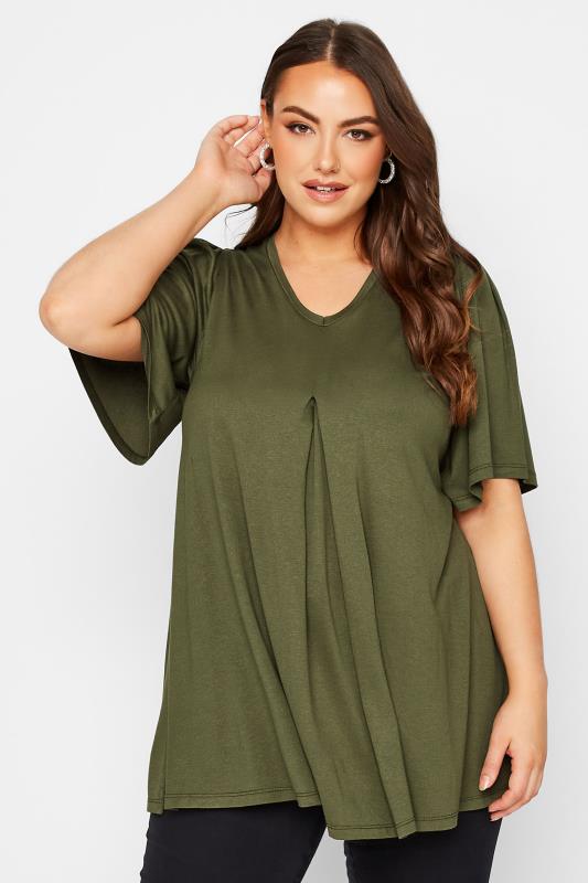 Plus Size Khaki Green Pleat Angel Sleeve Swing Top | Yours Clothing 1